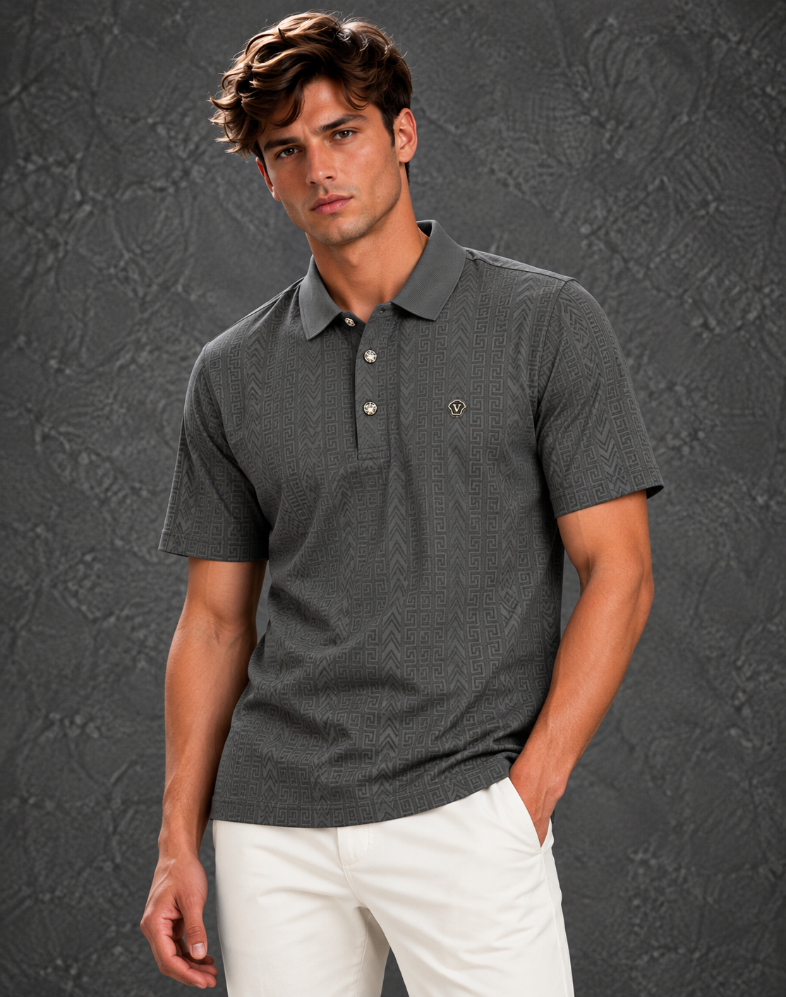Versace Men's Slate Grey Allover Greca Monogram Short Sleeve Polo Shirt