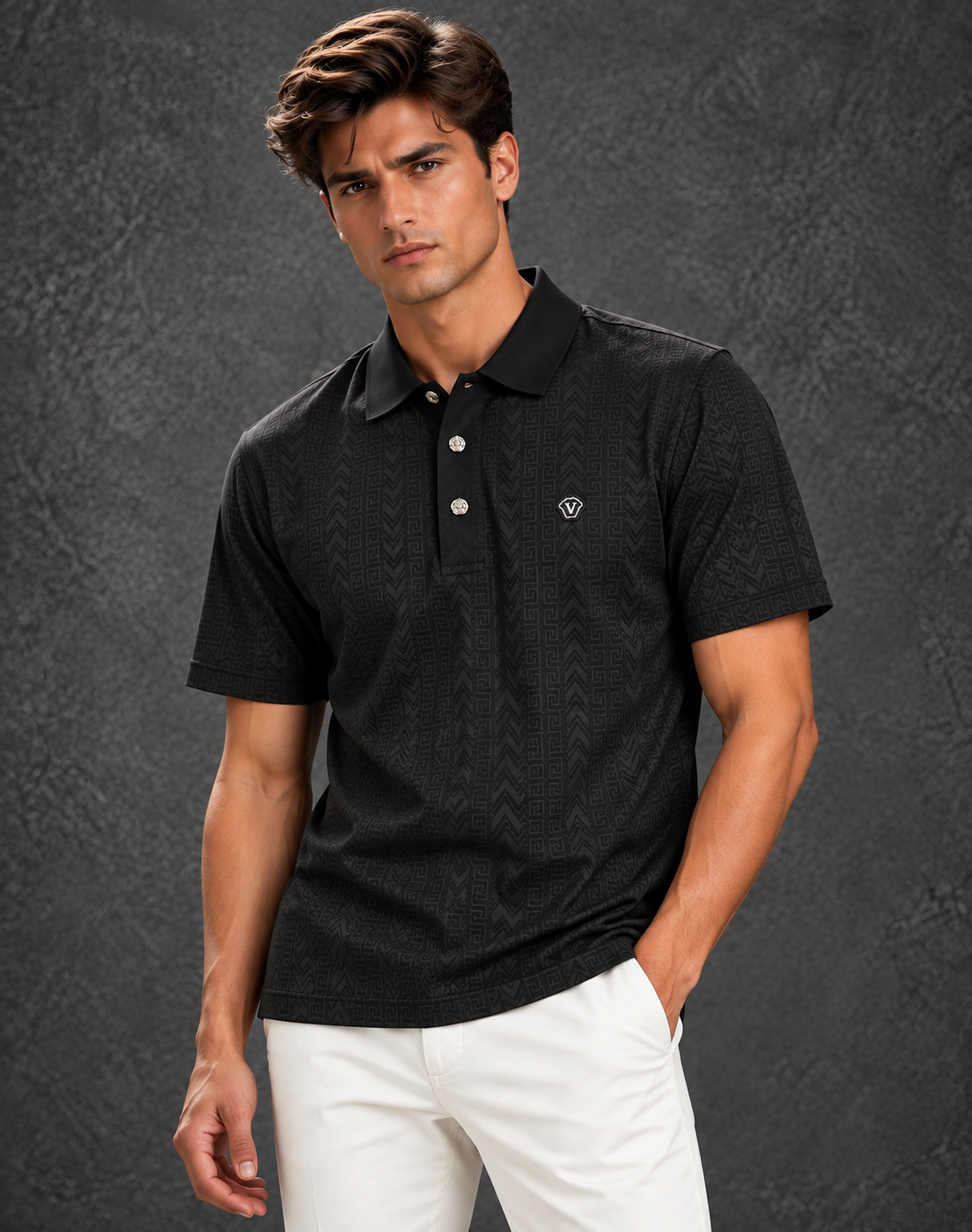 Versace Men's Jet Black Allover Greca Monogram Short Sleeve Polo Shirt